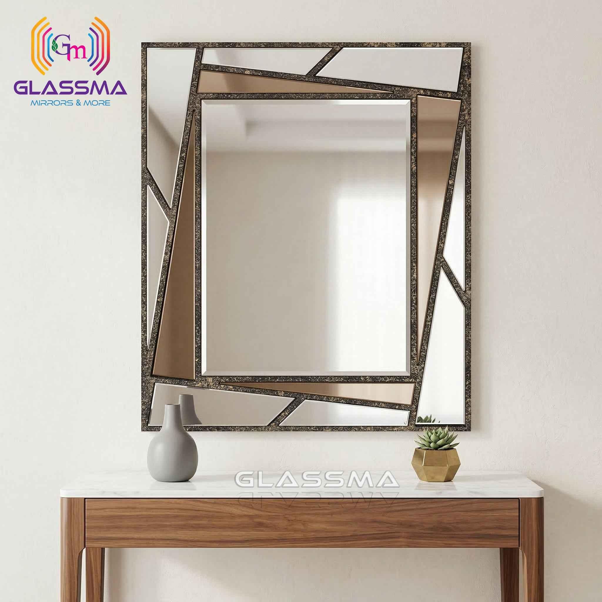 Geometric Carving Wall Mirror - Luxury Decorative Designer Mirror with Gold Texture Frame - Glassma